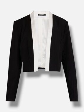 Ungaro Women's Black Pleated Contrast Trim Cropped Eve Tuxedo Jacket Size L